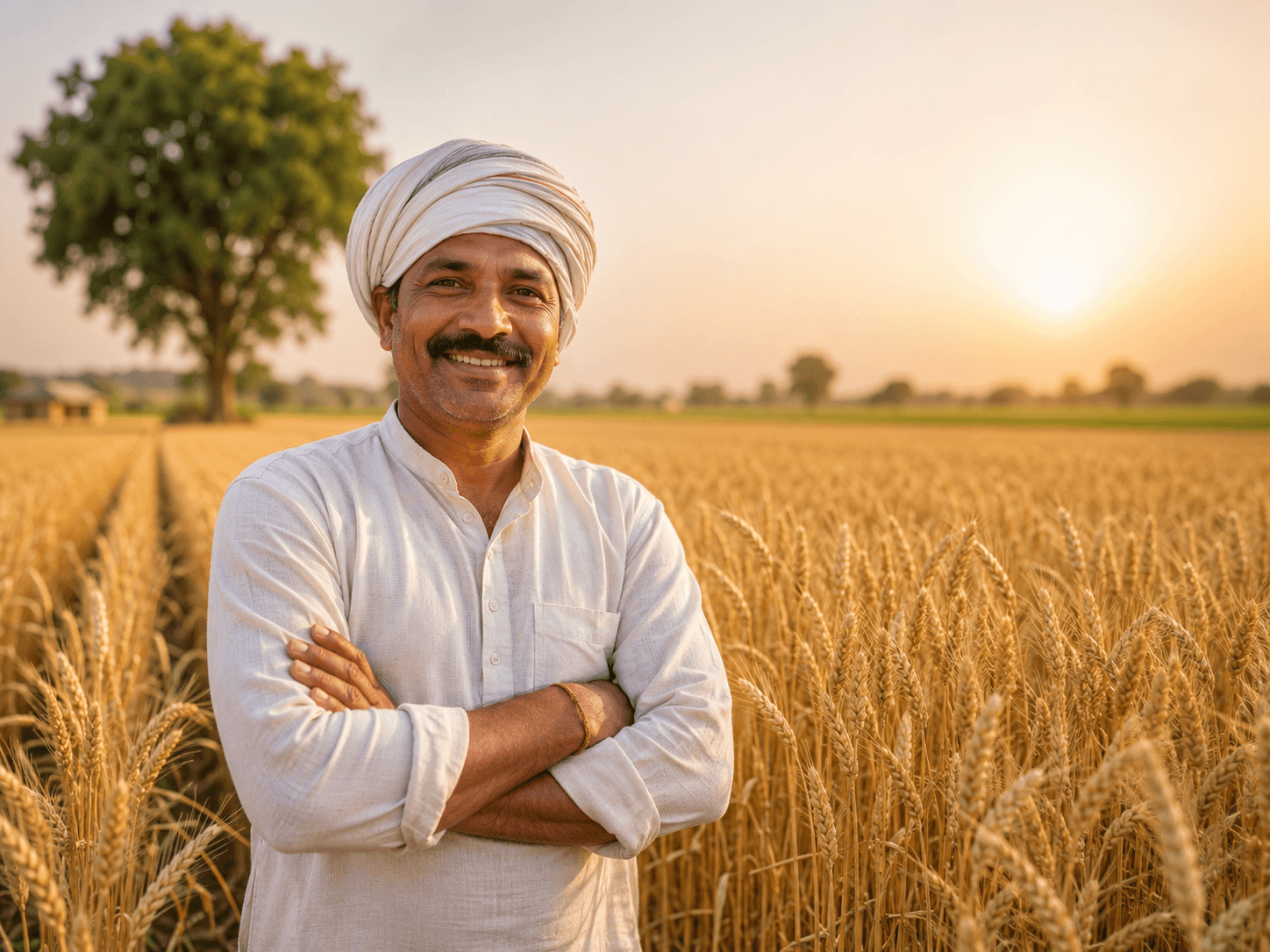 Indian farmer standing proud in a golden wheat field